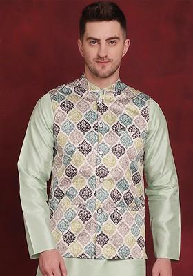 Green Printed Poly Blend Nehru Jacket For Men