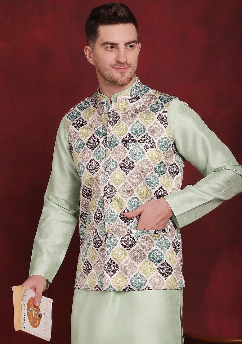 Green Printed Poly Blend Nehru Jacket For Men