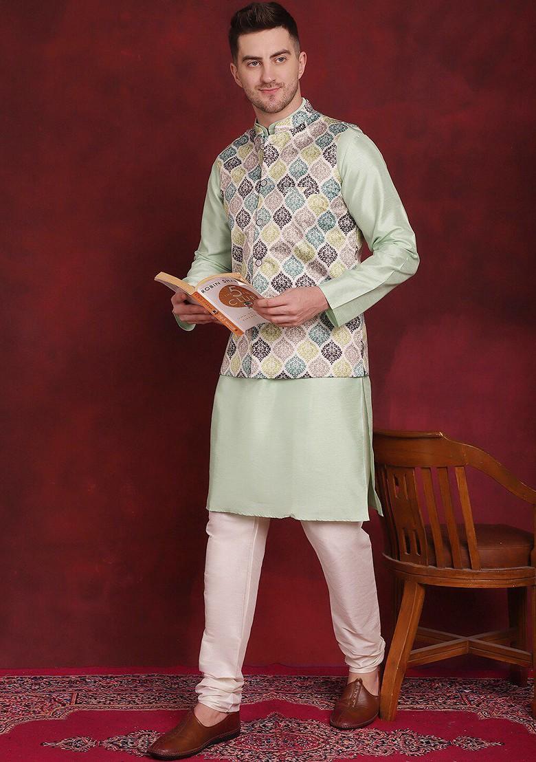 Green Printed Poly Blend Nehru Jacket For Men