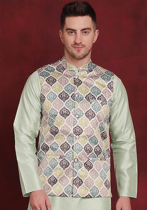 Green Printed Poly Blend Nehru Jacket For Men — view on Indya