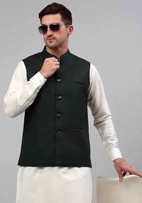 Olive Embroidered Poly Blend Nehru Jacket For Men