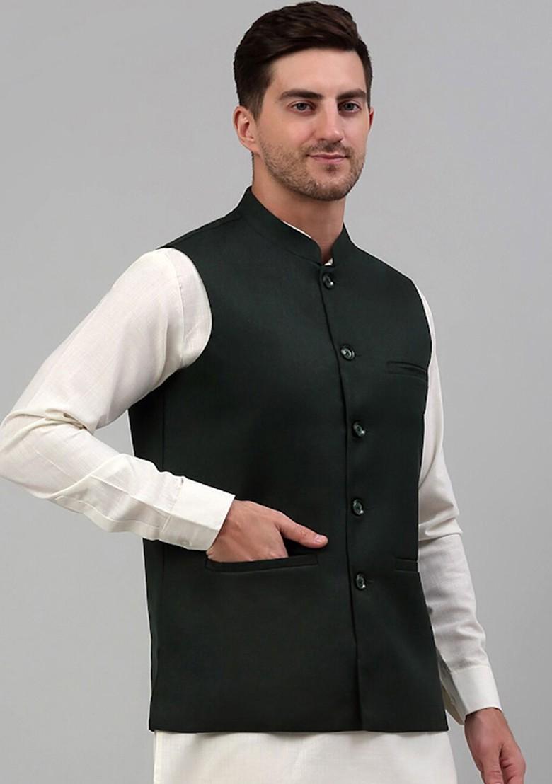 Olive Embroidered Poly Blend Nehru Jacket For Men