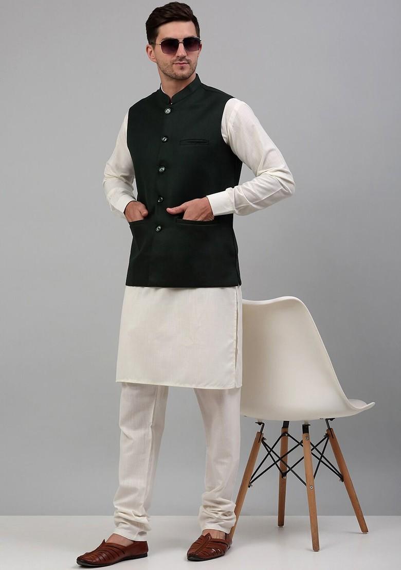 Olive Embroidered Poly Blend Nehru Jacket For Men