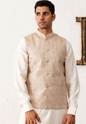 Peach Woven Design Poly Blend Nehru Jacket For Men