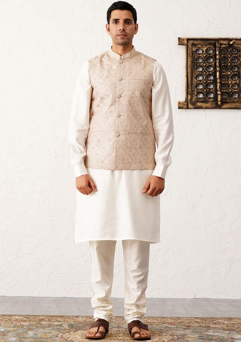 Peach Woven Design Poly Blend Nehru Jacket For Men