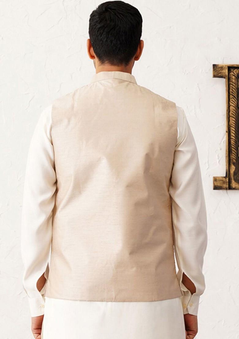 Peach Woven Design Poly Blend Nehru Jacket For Men
