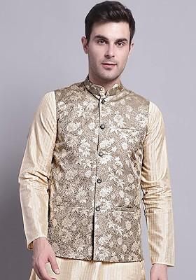 Beige Woven Design Poly Blend Nehru Jacket For Men