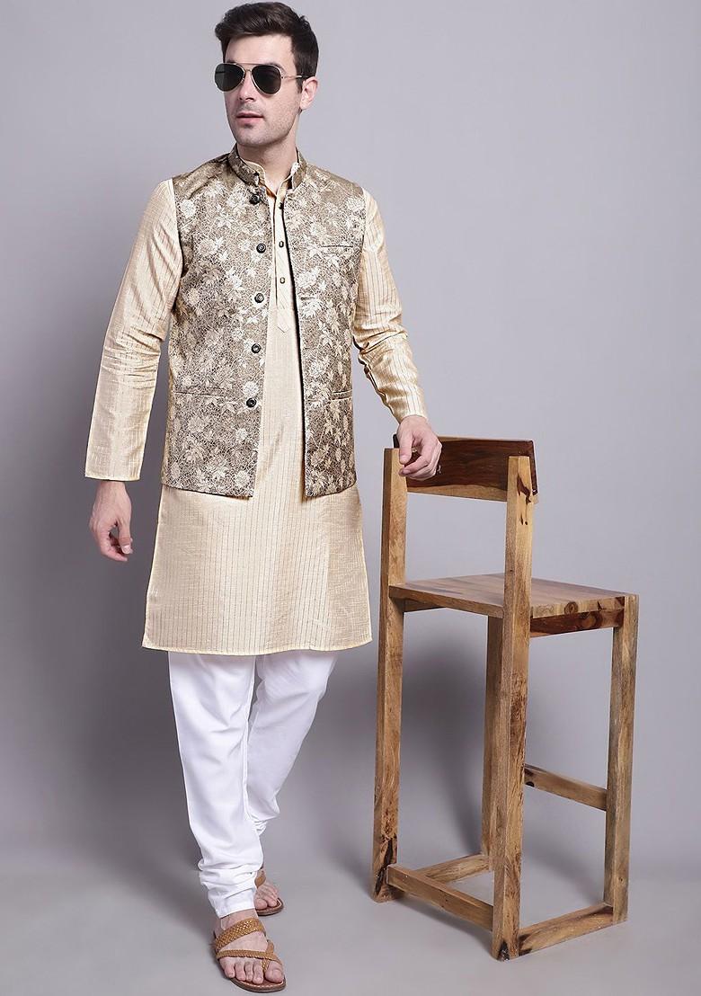 Beige Woven Design Poly Blend Nehru Jacket For Men