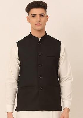 Black Embroidered Poly Blend Nehru Jacket For Men