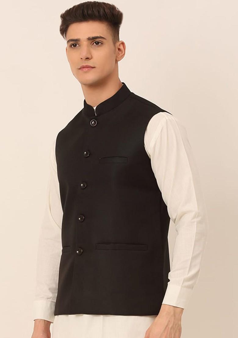 Black Embroidered Poly Blend Nehru Jacket For Men