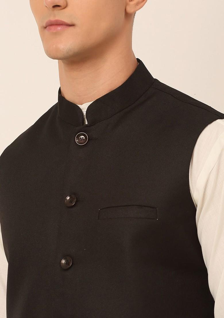 Black Embroidered Poly Blend Nehru Jacket For Men