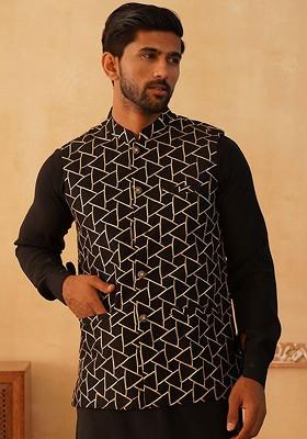 Black Embroidered Poly Blend Nehru Jacket For Men