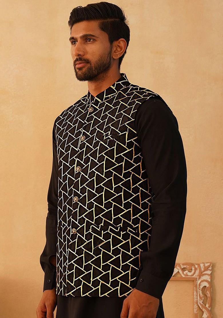 Black Embroidered Poly Blend Nehru Jacket For Men