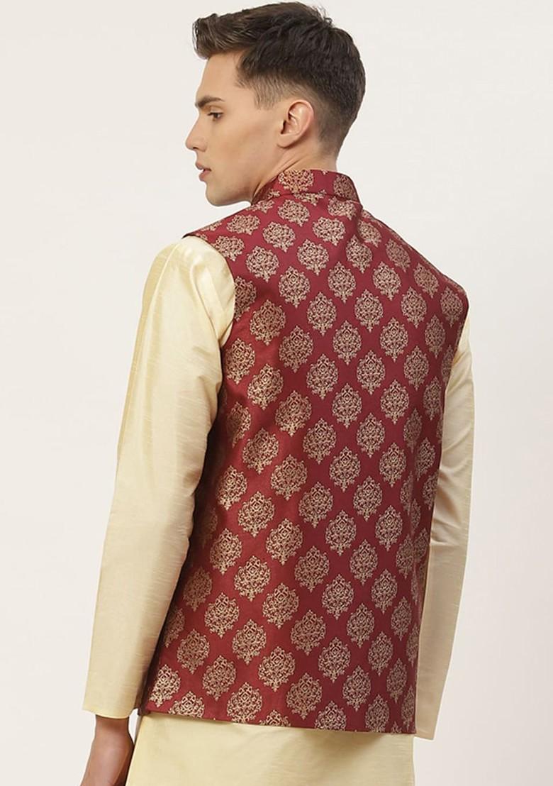 Maroon Woven Design Poly Blend Nehru Jacket For Men