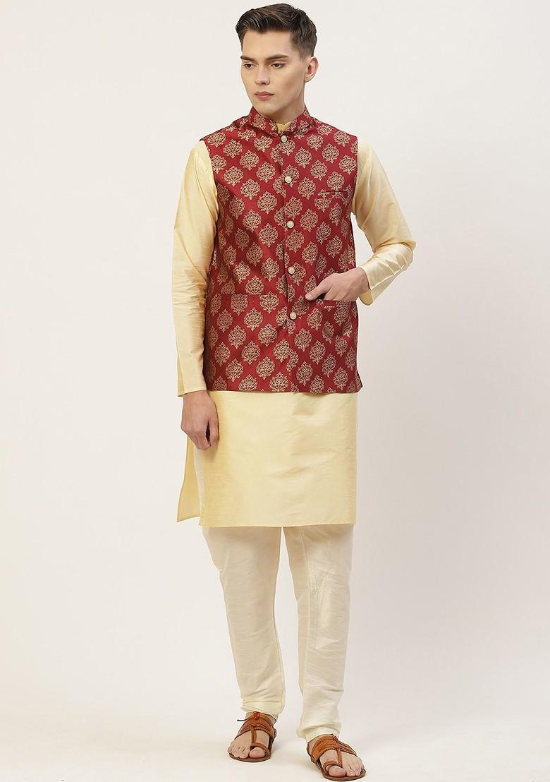 Maroon Woven Design Poly Blend Nehru Jacket For Men