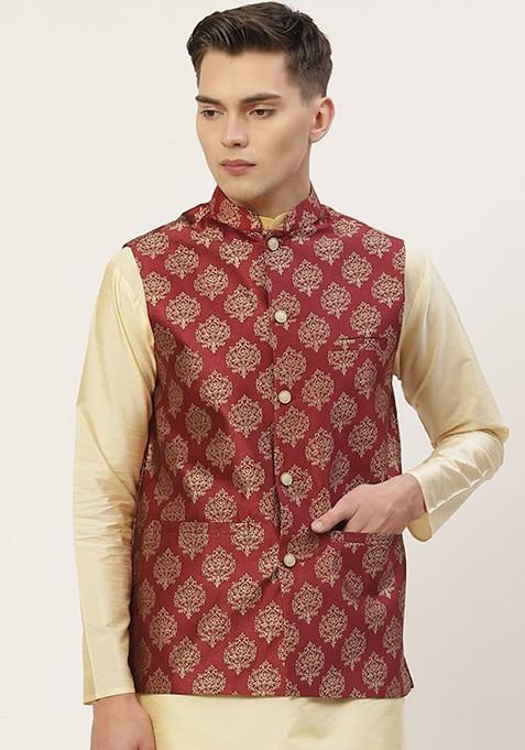 Maroon Woven Design Poly Blend Nehru Jacket For Men