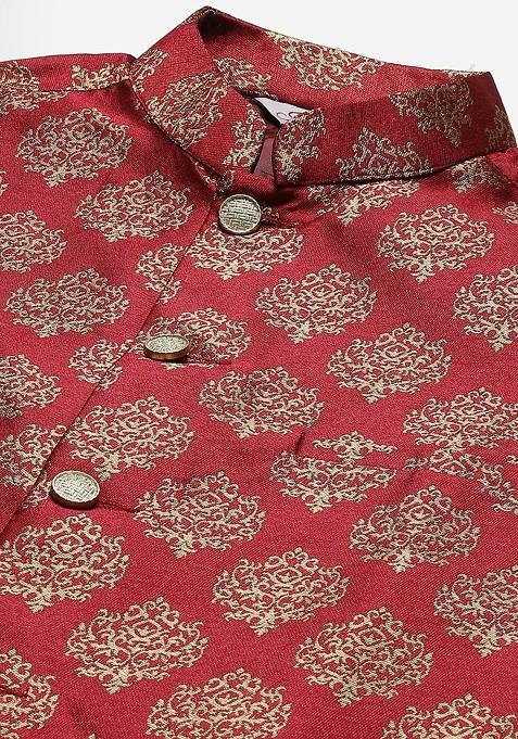 Maroon Woven Design Poly Blend Nehru Jacket For Men