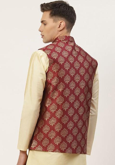 Maroon Woven Design Poly Blend Nehru Jacket For Men