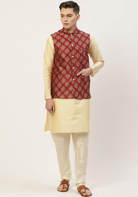 Maroon Woven Design Poly Blend Nehru Jacket For Men
