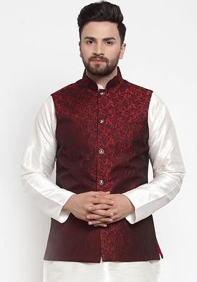 Maroon Woven Design Poly Blend Nehru Jacket For Men