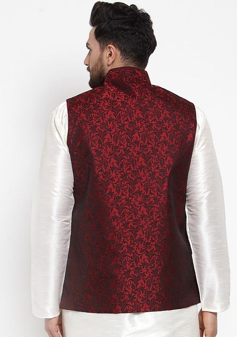 Maroon Woven Design Poly Blend Nehru Jacket For Men