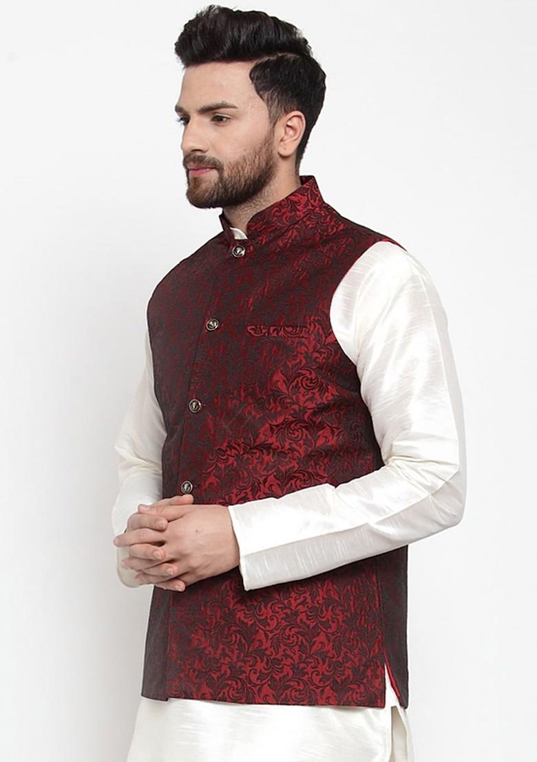Maroon Woven Design Poly Blend Nehru Jacket For Men
