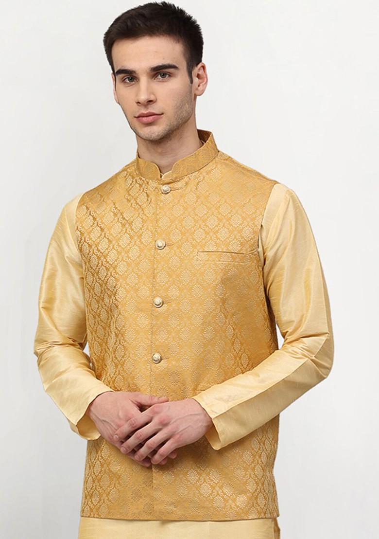 Gold Woven Design Poly Blend Nehru Jacket For Men