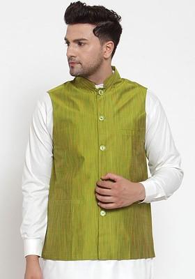 Green Woven Design Poly Blend Nehru Jacket For Men