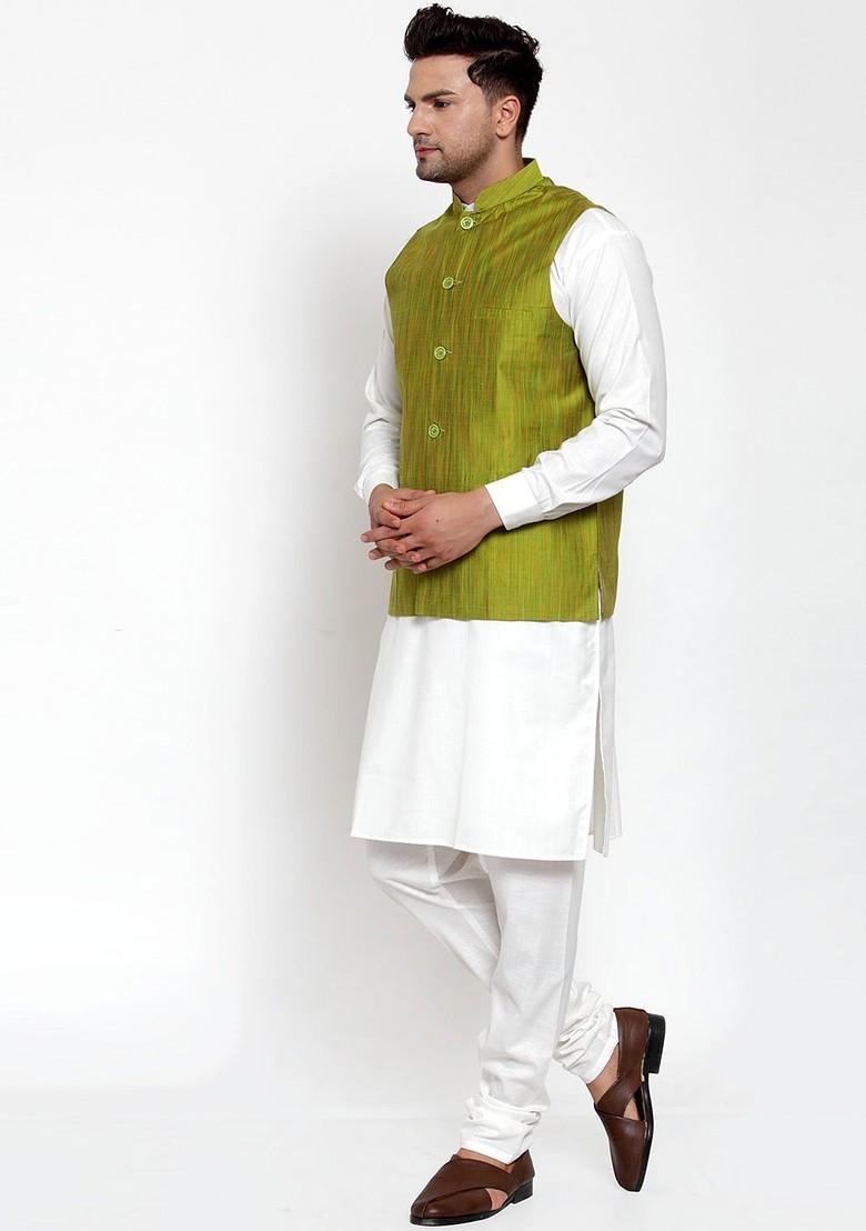 Green Woven Design Poly Blend Nehru Jacket For Men
