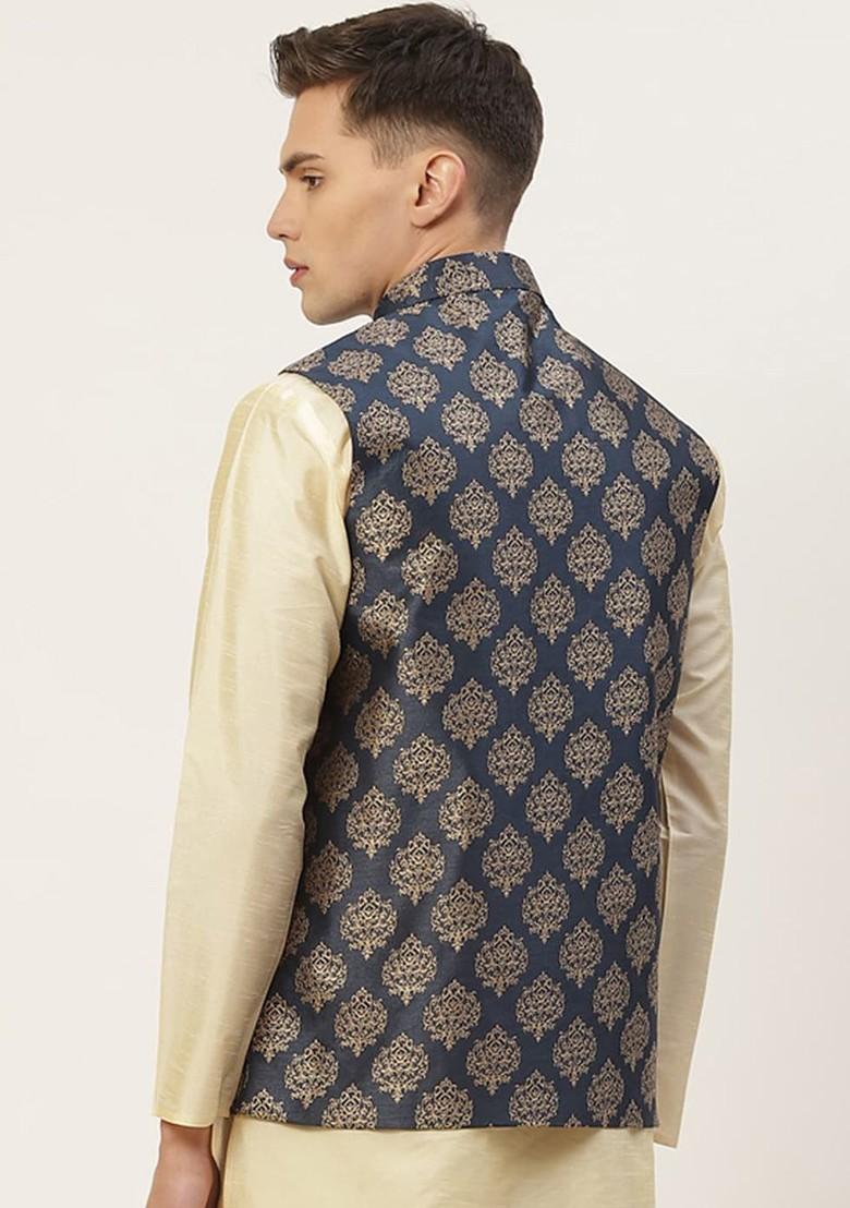 Navy Blue Printed Poly Blend Nehru Jacket For Men