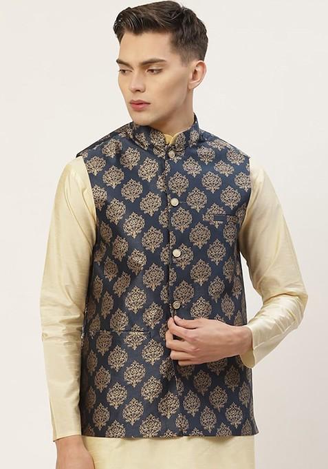 Navy Blue Printed Poly Blend Nehru Jacket For Men