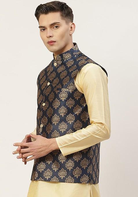 Navy Blue Printed Poly Blend Nehru Jacket For Men