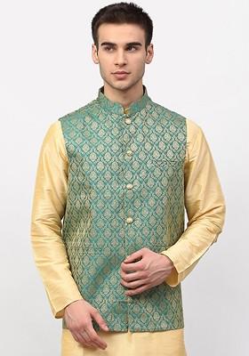 Green Woven Design Poly Blend Nehru Jacket For Men