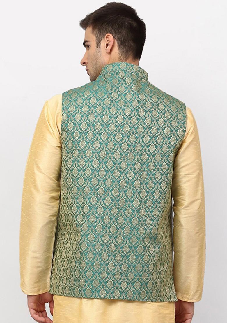 Green Woven Design Poly Blend Nehru Jacket For Men