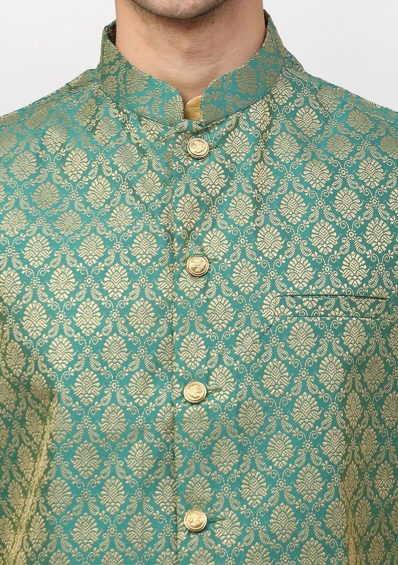 Green Woven Design Poly Blend Nehru Jacket For Men
