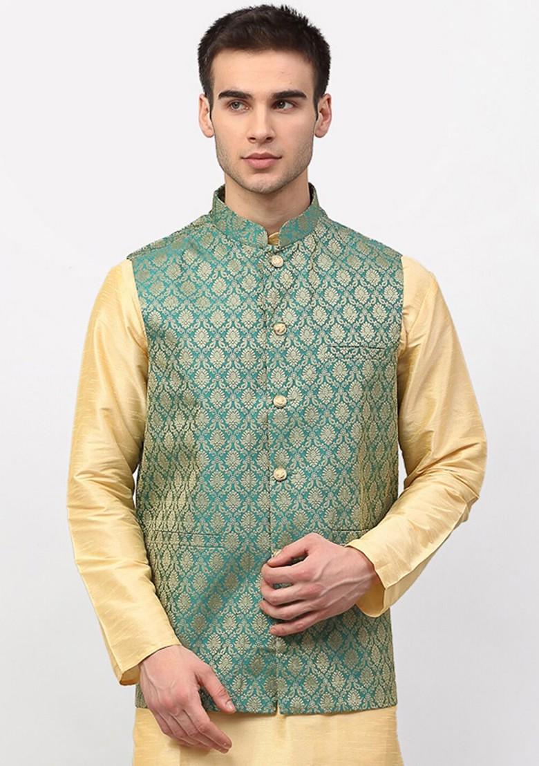 Green Woven Design Poly Blend Nehru Jacket For Men