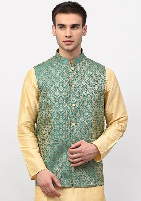 Green Woven Design Poly Blend Nehru Jacket For Men