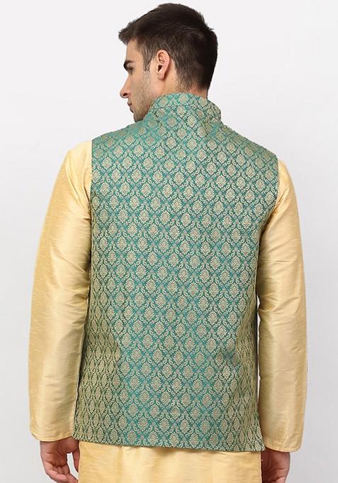 Green Woven Design Poly Blend Nehru Jacket For Men