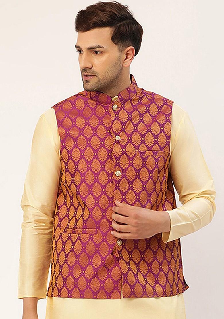 Pink Woven Design Poly Blend Nehru Jacket For Men