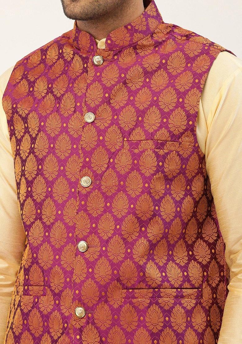 Pink Woven Design Poly Blend Nehru Jacket For Men