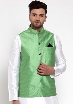 Green Woven Design Poly Blend Nehru Jacket For Men
