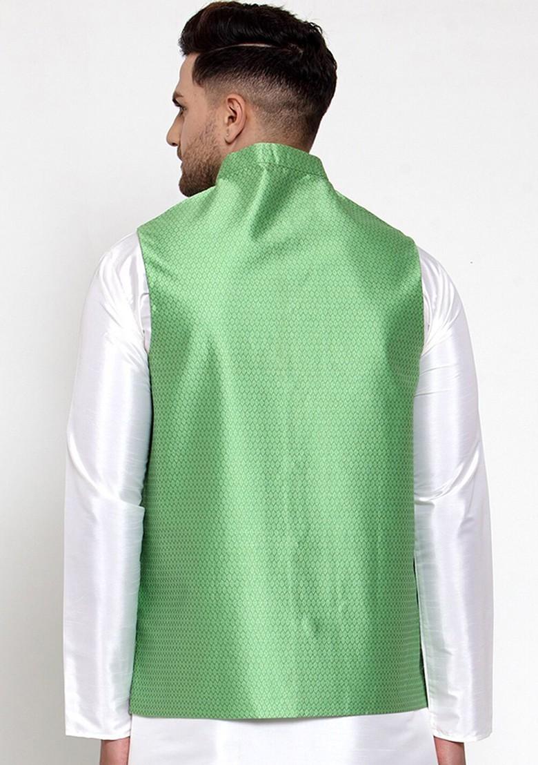 Green Woven Design Poly Blend Nehru Jacket For Men