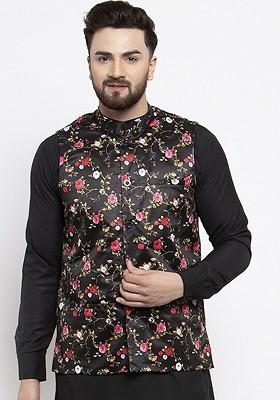 Black Printed Poly Blend Nehru Jacket For Men