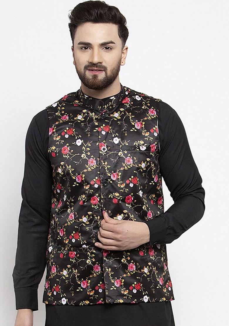 Black Printed Poly Blend Nehru Jacket For Men