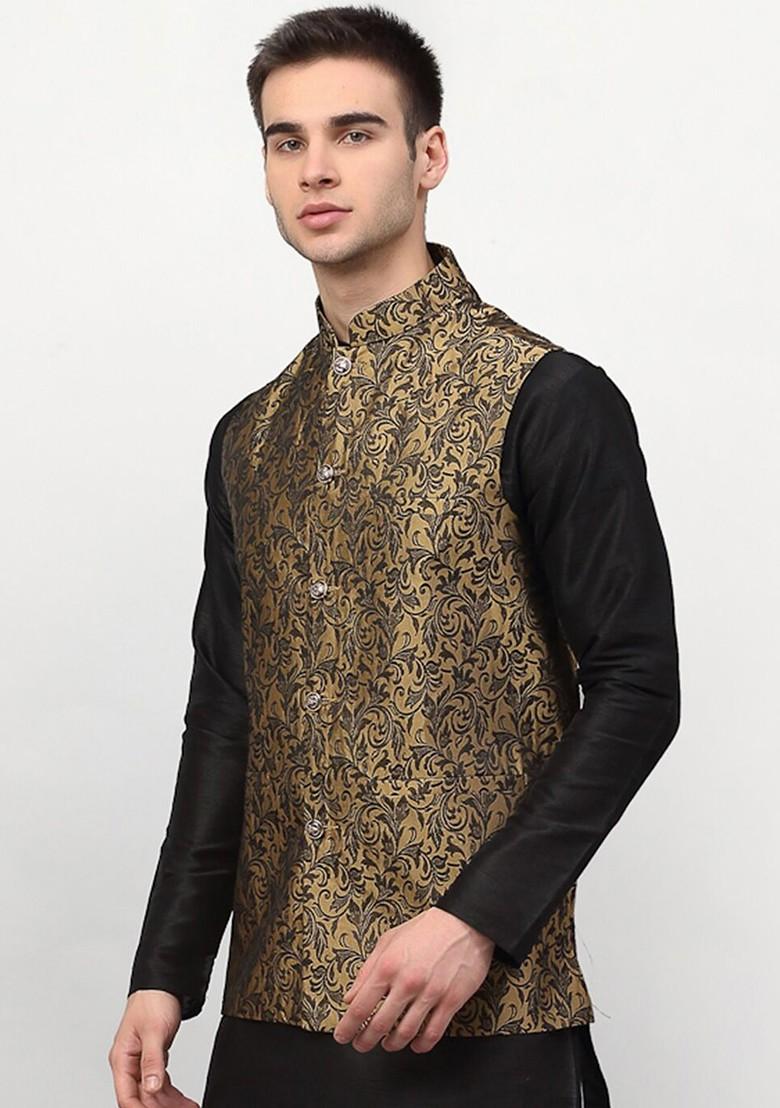 Gold Woven Design Poly Blend Nehru Jacket For Men