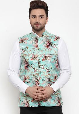 Turquoise Blue Printed Poly Blend Nehru Jacket For Men