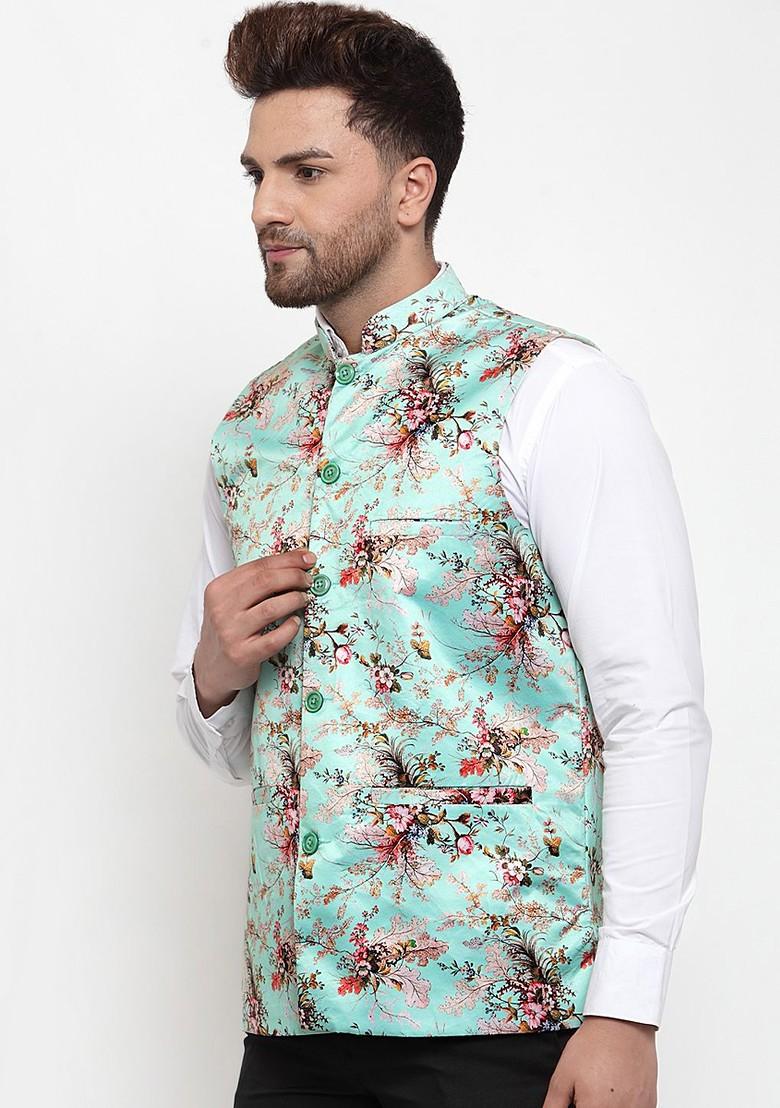 Turquoise Blue Printed Poly Blend Nehru Jacket For Men