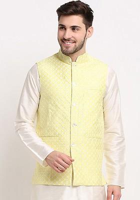 Yellow Embroidered Poly Blend Nehru Jacket For Men