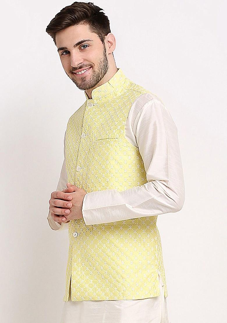 Yellow Embroidered Poly Blend Nehru Jacket For Men