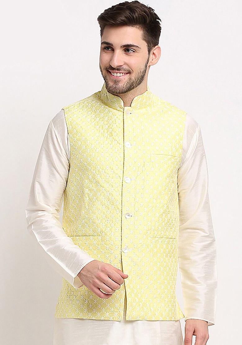 Yellow Embroidered Poly Blend Nehru Jacket For Men